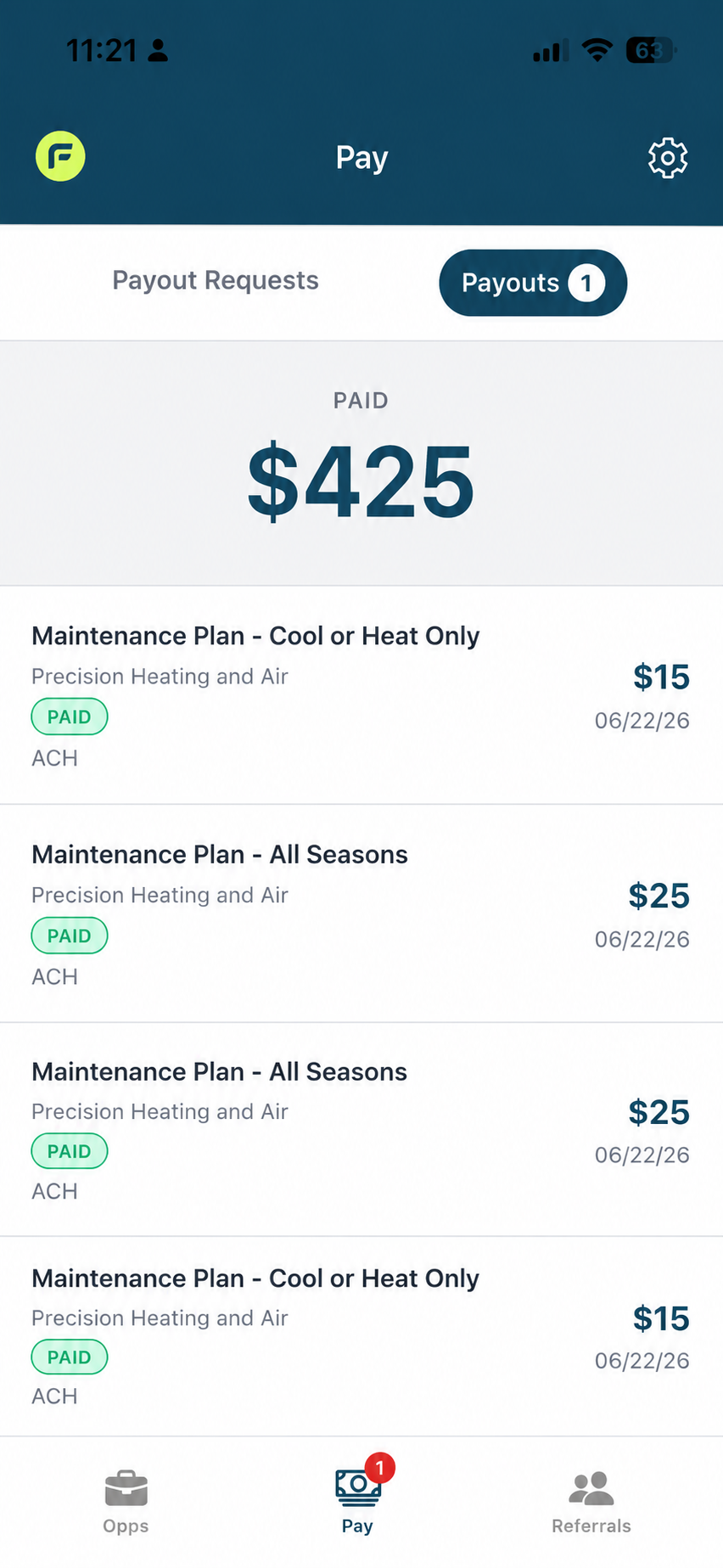 Tech pay tab showing $425 in paid maintenance plan payouts