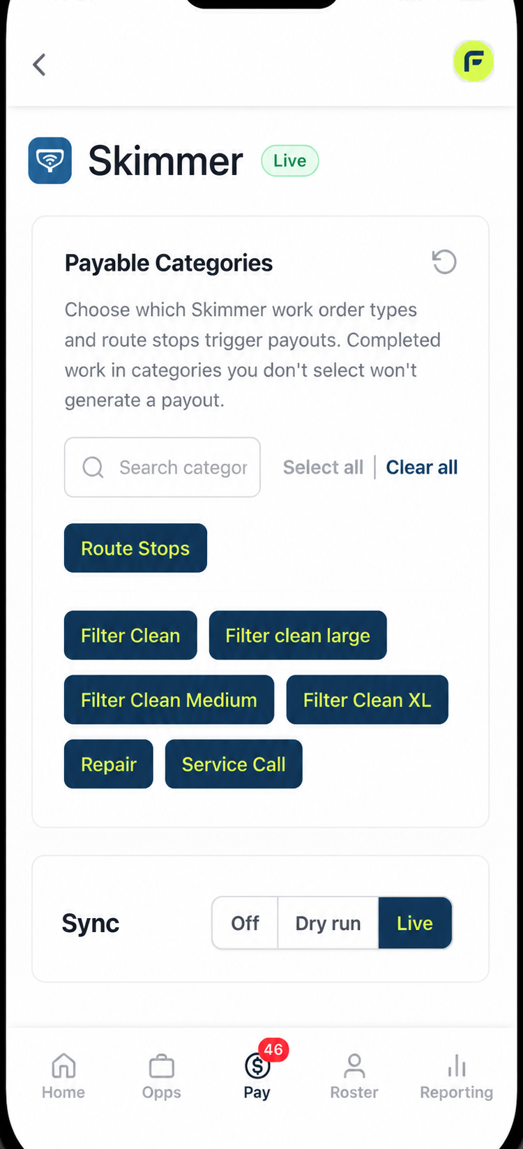 Skimmer connection inside FieldPay, showing payable categories and Live sync
