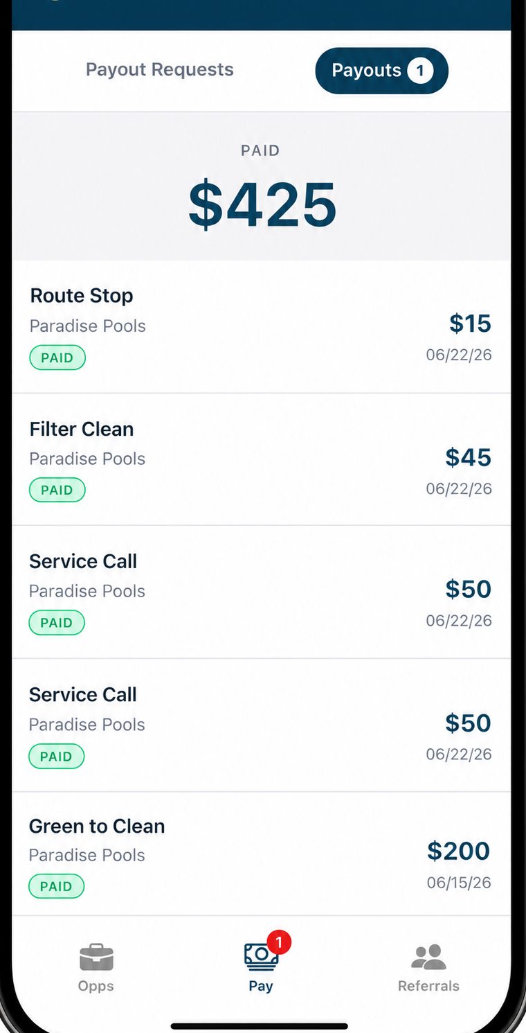 Tech pay tab showing $425 in paid route stop, filter clean, and service call payouts