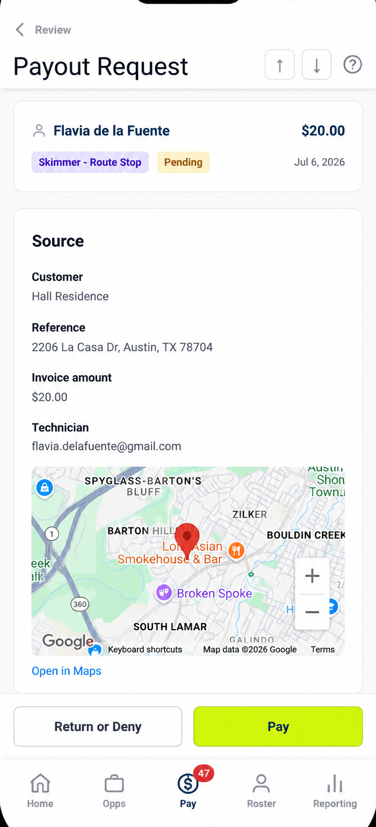 Payout request from a Skimmer route stop, with map of the service location