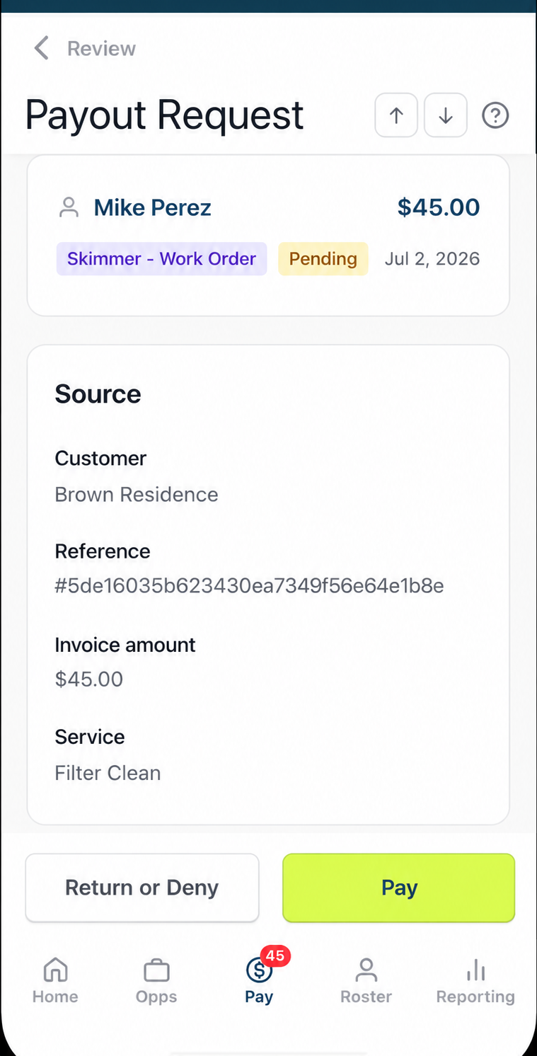 Payout request from a Skimmer work order — Filter Clean, $45