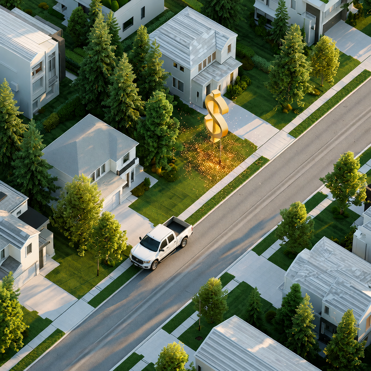 Aerial view of a residential neighborhood with a pickup truck parked outside a home, a glowing gold dollar sign on the lawn