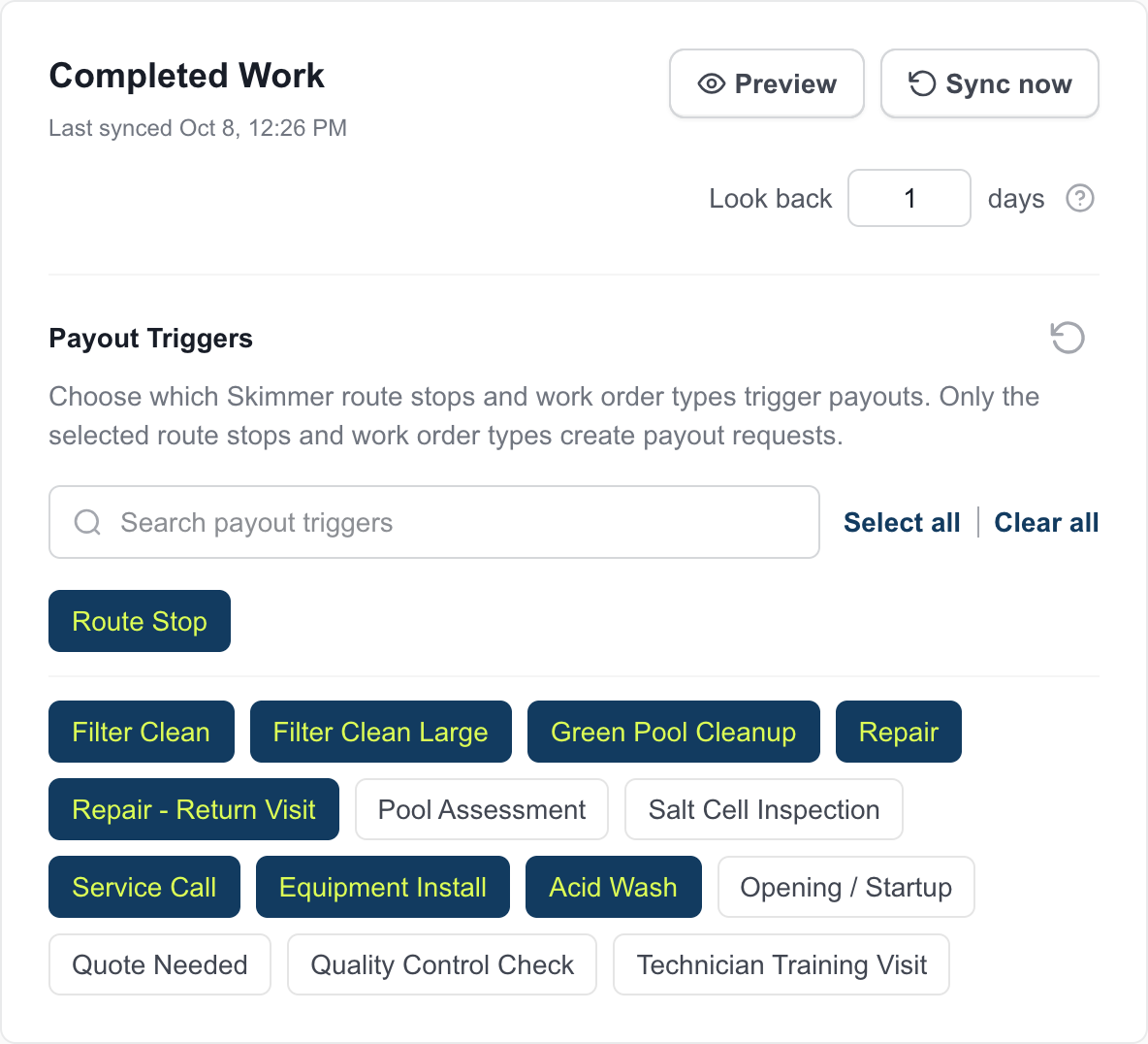 FieldPay Completed Work card with Preview and Sync now buttons, a Look back setting, and Payout Triggers showing Route Stop and selected work order types