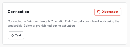 FieldPay Connection card showing Skimmer connected, with a Test button