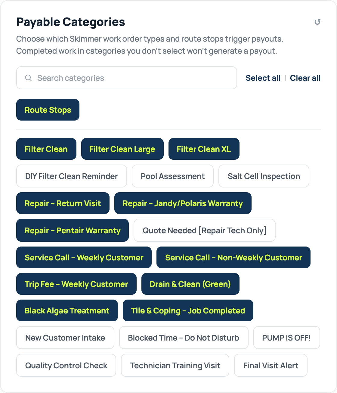 FieldPay Payable Categories card showing Route Stops, Filter Clean variants, Repair, and Service Call as selectable categories