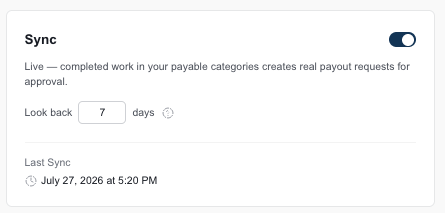 FieldPay Sync card toggled Live, showing a 7-day look back window and the last sync timestamp