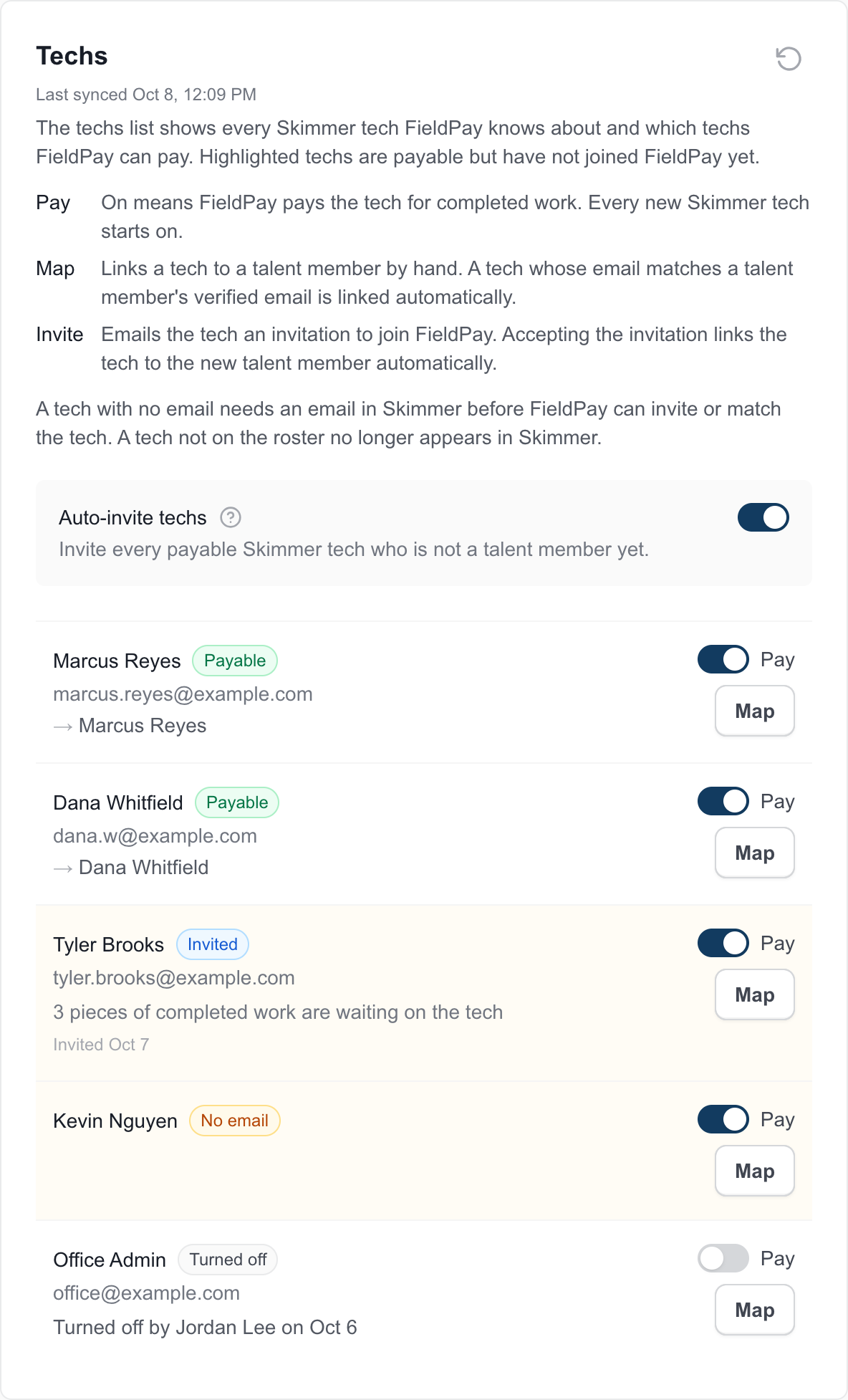 FieldPay Techs card listing Skimmer techs with Payable, Invited, No email, and Turned off statuses, a Pay toggle and Map button for each, and the Auto-invite techs setting