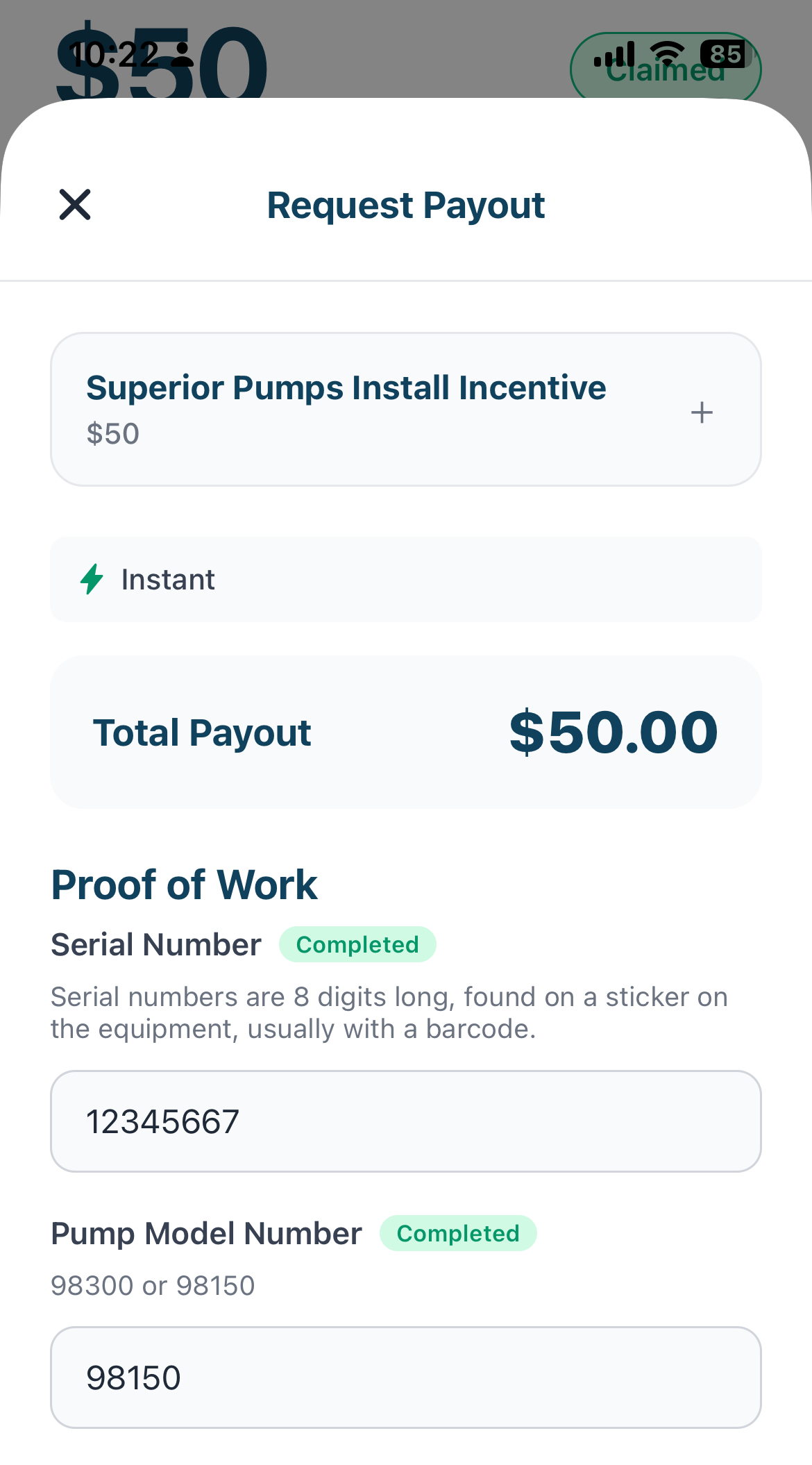 FieldPay Request Payout screen showing the Superior Pumps Install Incentive, $50 instant payout, and proof of work fields for serial number and pump model